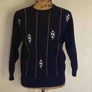 VTG Braemar Blue Brown Lambswool Scottish Sweater Embroidered Flowers SZ M
